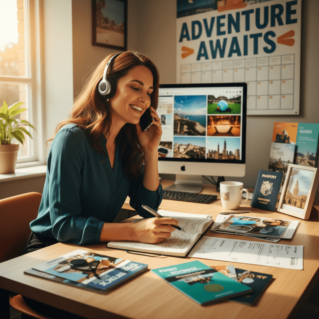 Travel consultant actively assisting customer by phone