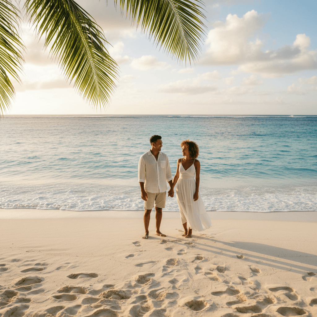 Couple enjoying Fiji beach at golden hour