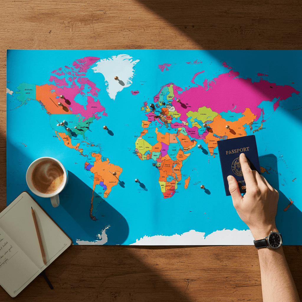 World map with destination pins showing global travel options