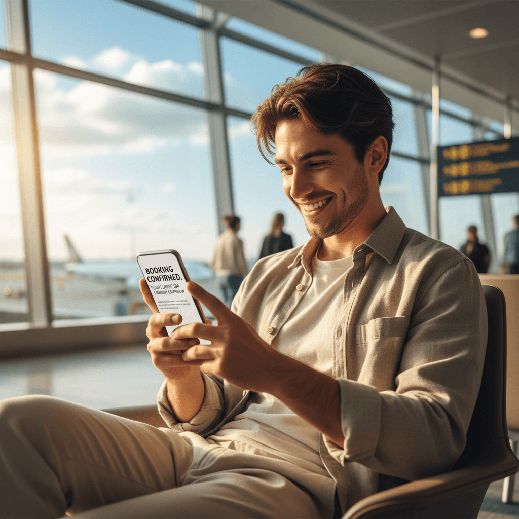 Traveler checking flight booking on phone at airport