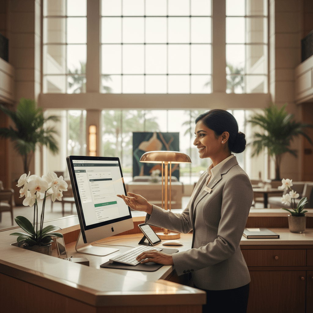 Hotel booking specialist reviewing accommodation options