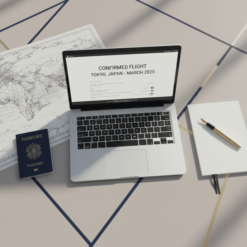 Flight booking confirmation on laptop screen