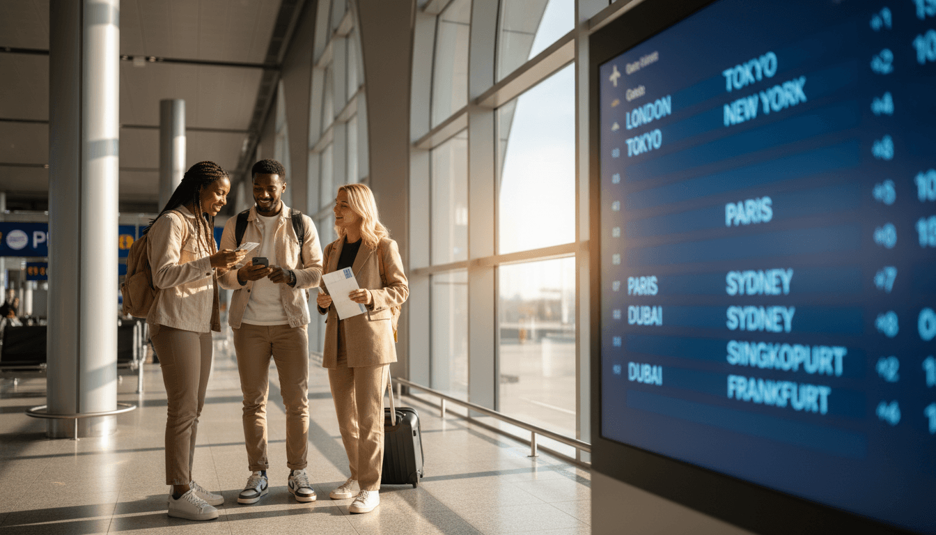 Travelers at airport checking flight details with departure board in background