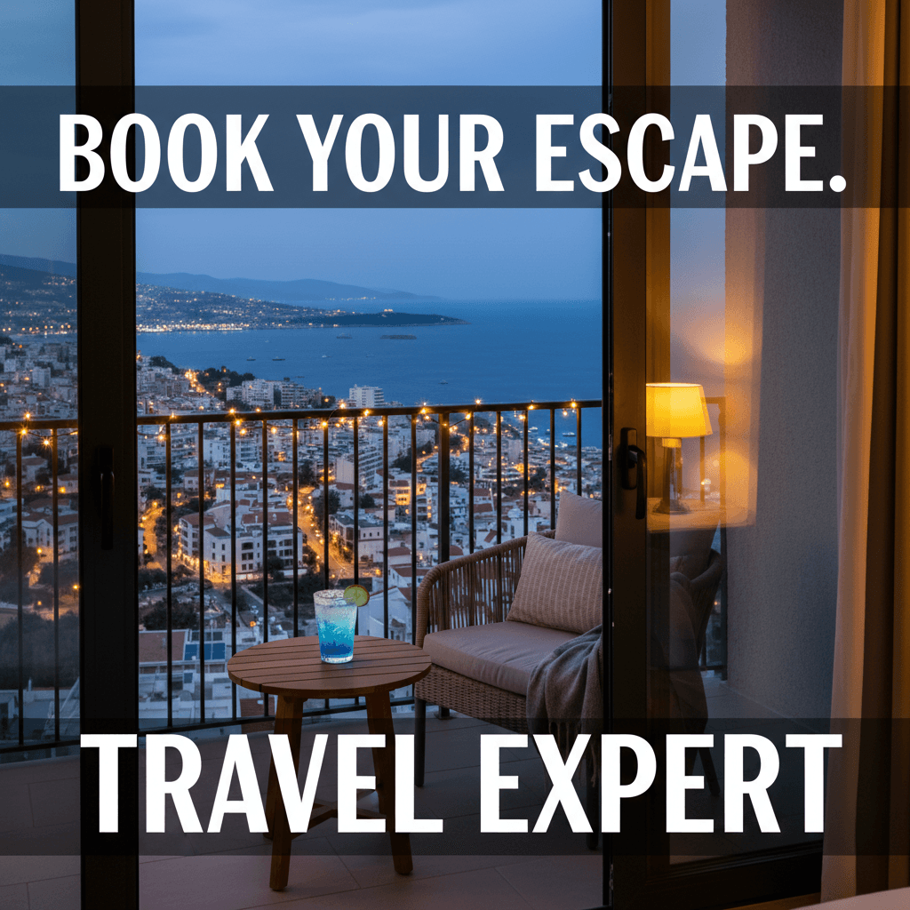 Hotel room balcony with city view at dusk