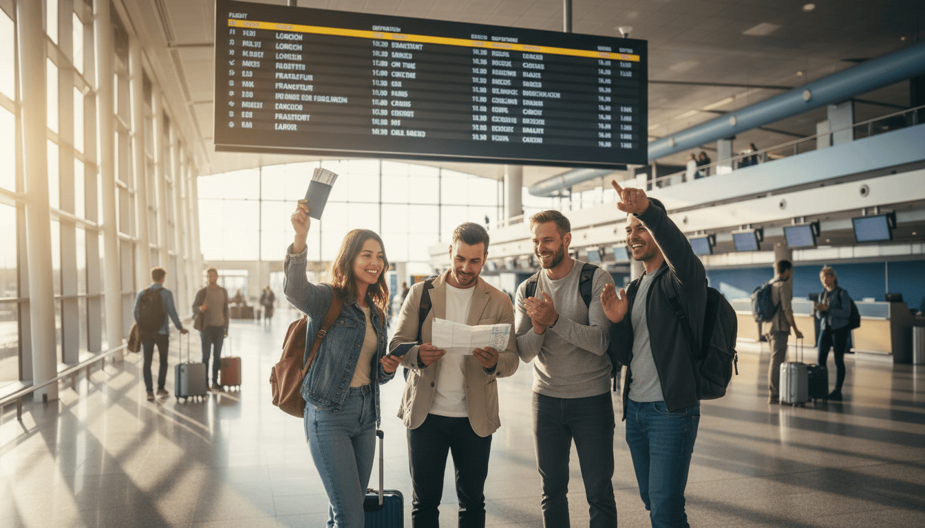 Travelers checking flight information at an airport departure board with excitement