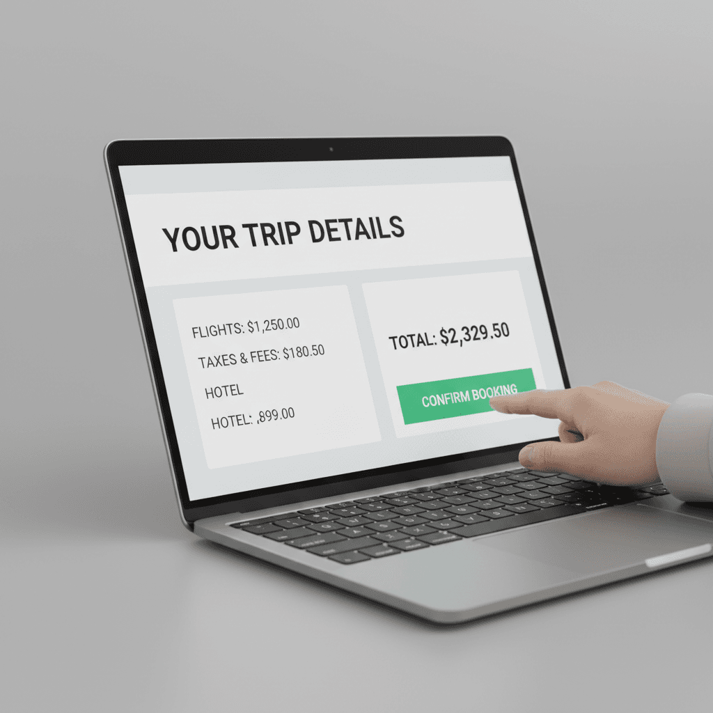 Booking confirmation screen showing itemized travel costs