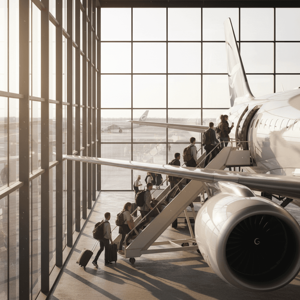 Passengers boarding commercial aircraft