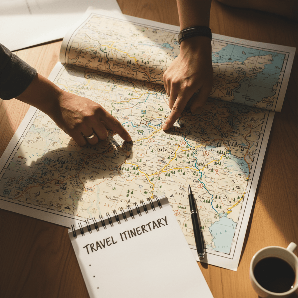 Travel consultant pointing out route recommendations on map